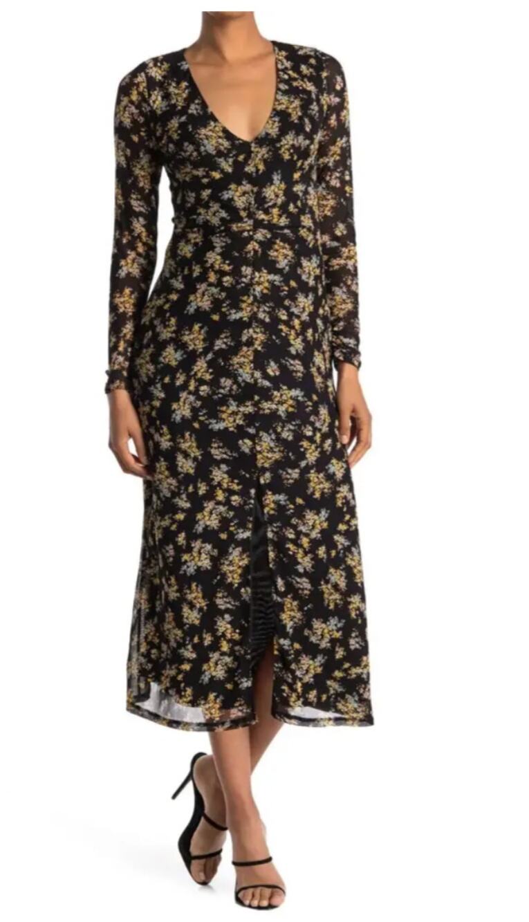 AFRM Tezza Black & Yellow Floral Ruched Mesh Bodycon Midi Dress XS